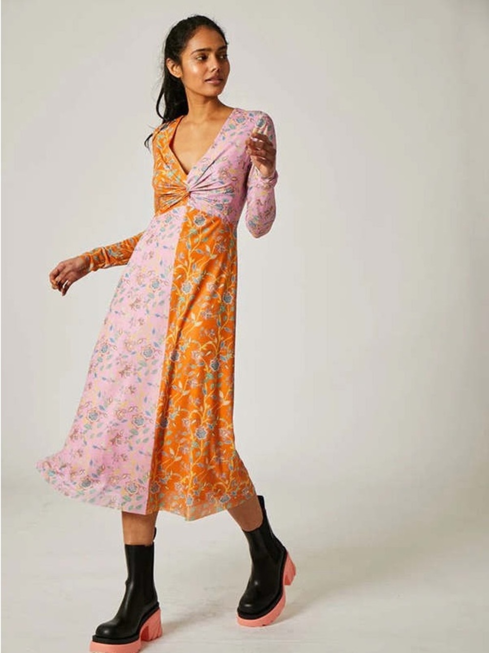 Rachel Antonoff Olivia Two-Tone Twist-Front Floral Midi Dress - Pink & Orange